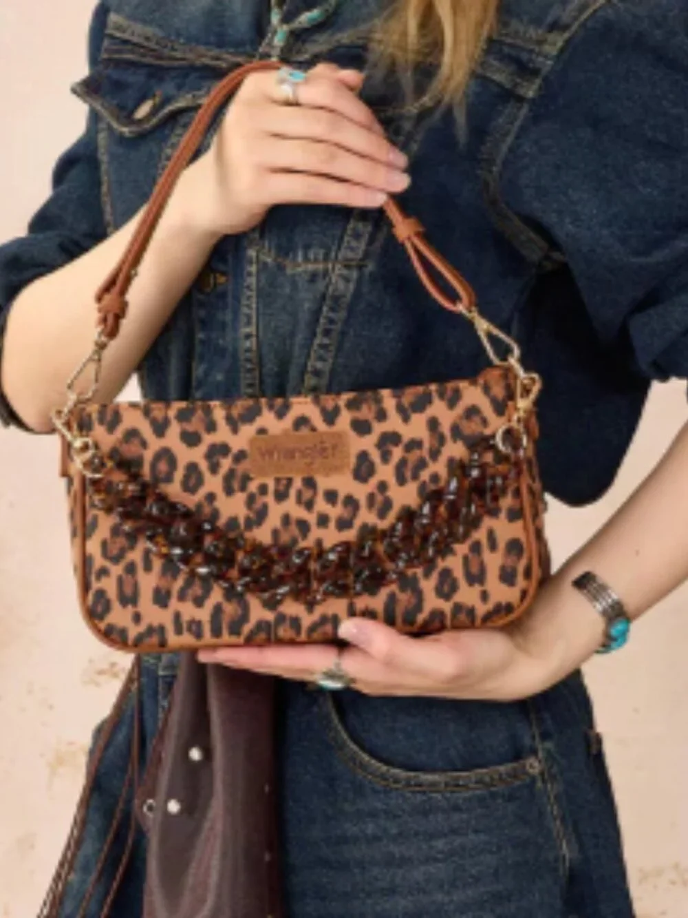 Wrangler Western Leopard Print Shoulder Bag with Chain Detail - Brown NWT